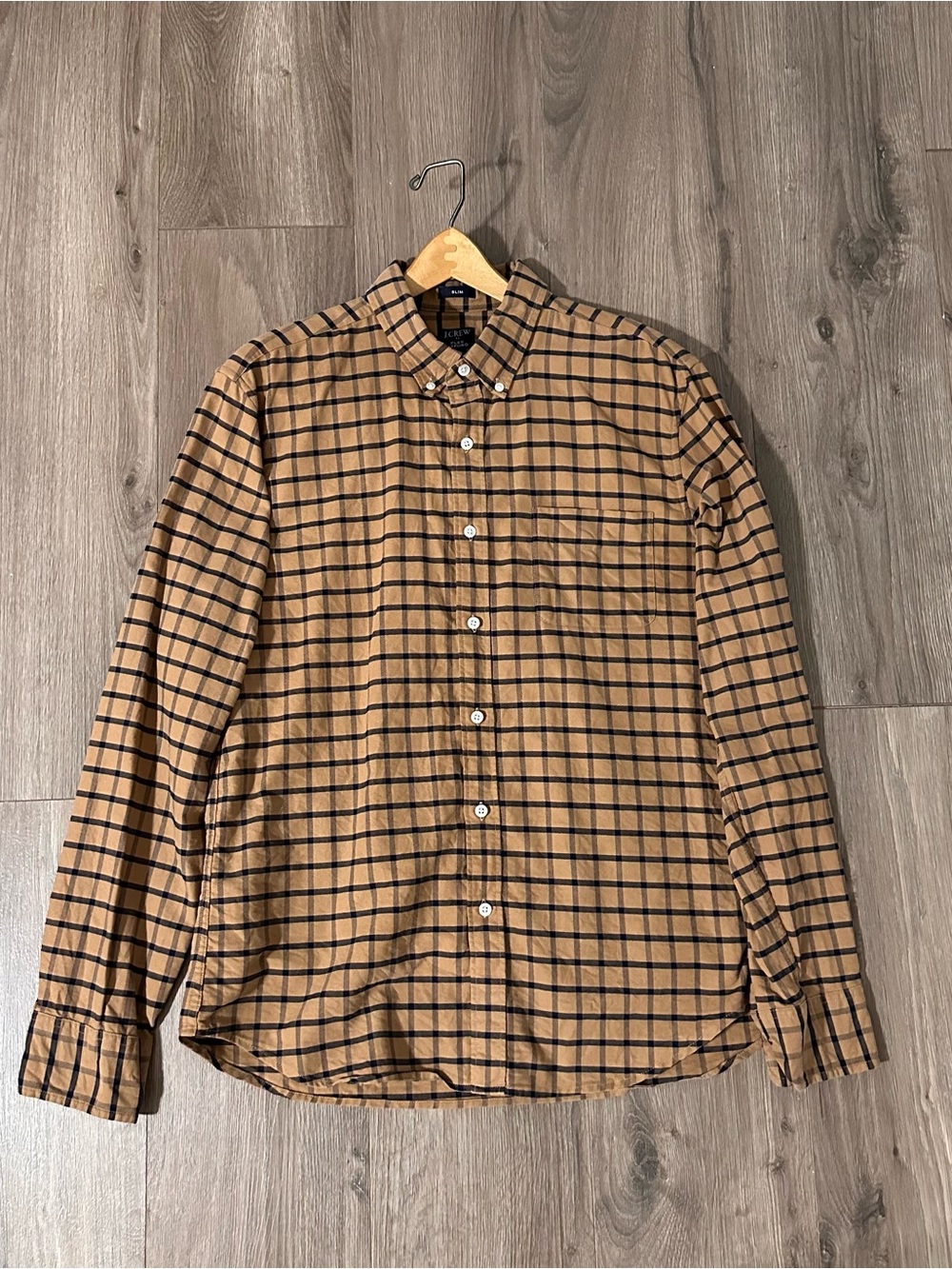 J. Crew Cotton Shirt Slim Flex Oxford Plaid Button-Down Tan and Black